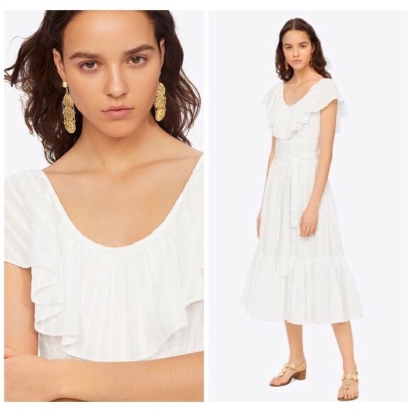 $448 Tory Burch Striped Seersucker Cotton White DressSz 8